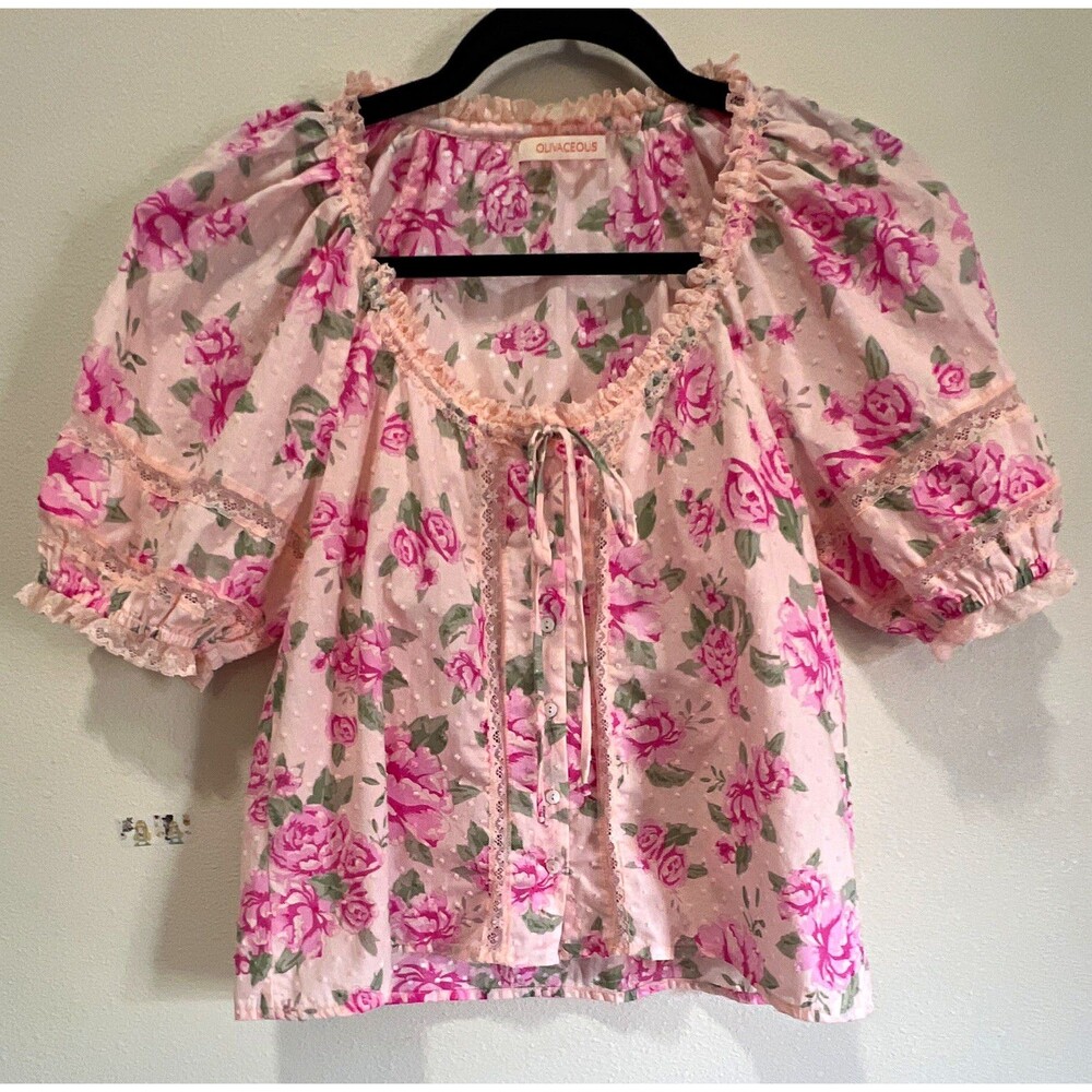 Olivaceous Women’s Pink Floral Lace Trim Puff Sleeve Tie Front Blouse M